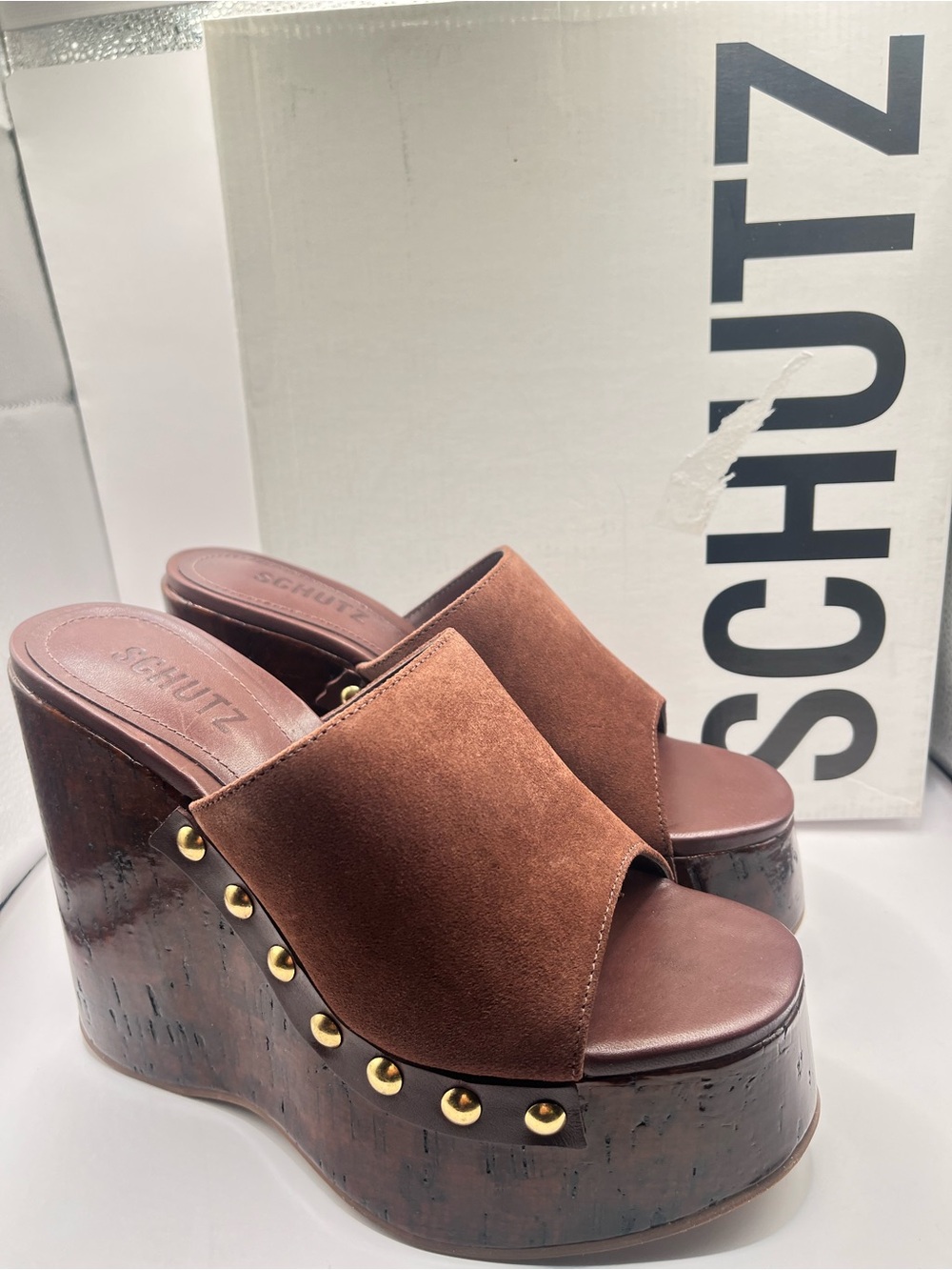 Schutz Sandalia Salto Alto New 5B Brown Suede Platform Wedge Studded Sandals